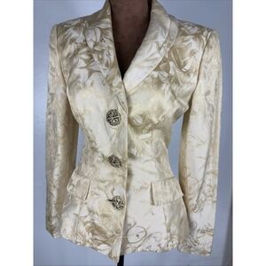 VTG Pamela Dennis  Beige/Gold Silk Fitted Blazer Jacket w/Rhinestone Buttons Sz4
